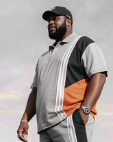 Men's Plus Size Daily Casual Simple Slant Striped Gray Short Sleeve POLO Trousers Suit